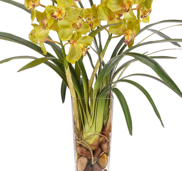 Green Orchid Cymbidium Silk Arrangement in Glass Square Vase, 32"