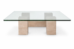 Ikal Coffee Table, Travertine/Clear Glass, 39.4″ W x 39.4″