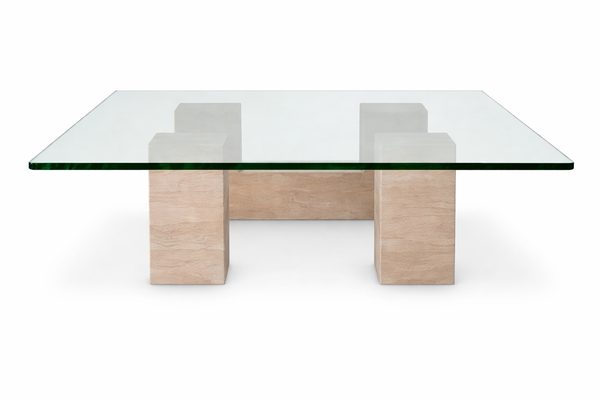 Ikal Coffee Table, Travertine/Clear Glass, 39.4″ W x 39.4″