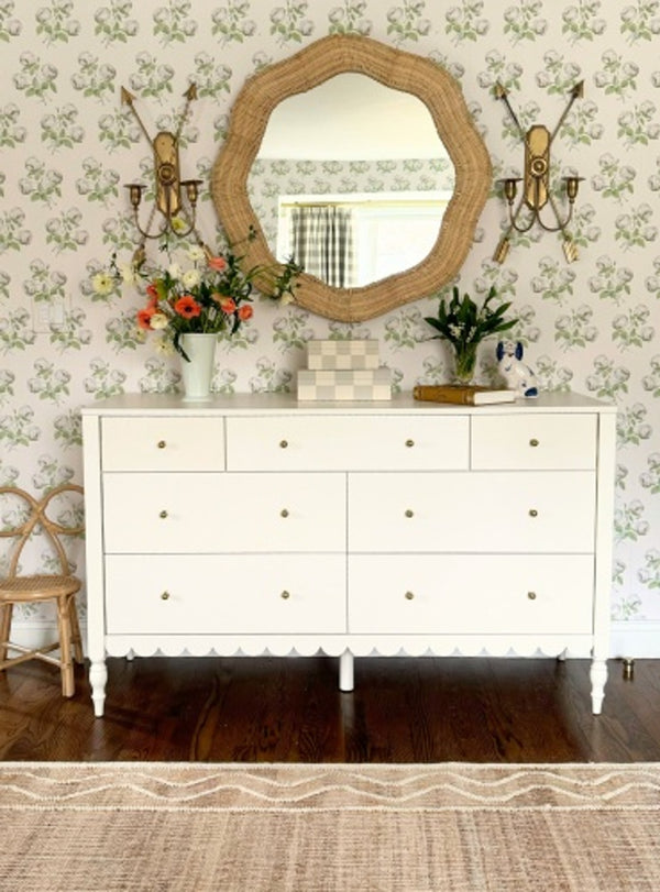 Scalloped Linden Round Wall Mirror, Natural Rattan, 34.5" x 32.25"