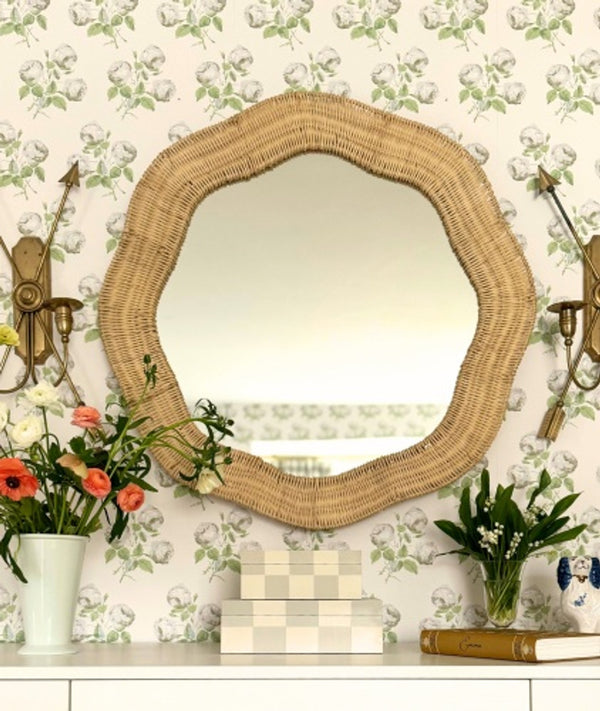 Scalloped Linden Round Wall Mirror, Natural Rattan, 34.5" x 32.25"