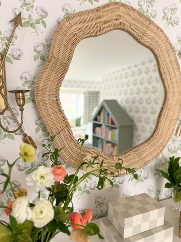 Scalloped Linden Round Wall Mirror, Natural Rattan, 34.5" x 32.25"