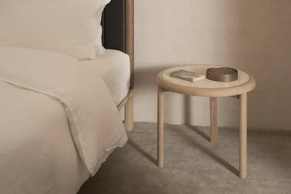 Meld Side Table, Light Oak with Travertine Top, 21.9"Dia x 18.9"H