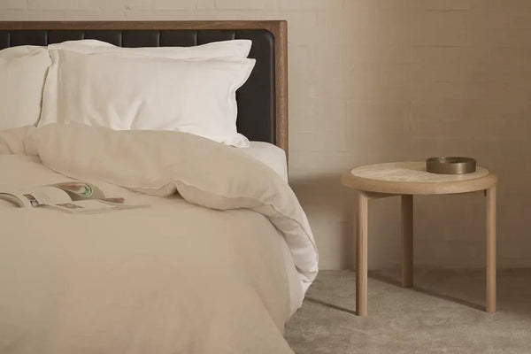 Meld Side Table, Light Oak with Travertine Top, 21.9"Dia x 18.9"H