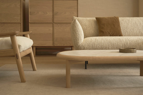 Meld Coffee Table, Light Oak with Travertine Top, 42.5"W x 28.3"D x 14.2"H
