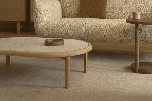 Meld Coffee Table, Light Oak with Travertine Top, 42.5"W x 28.3"D x 14.2"H