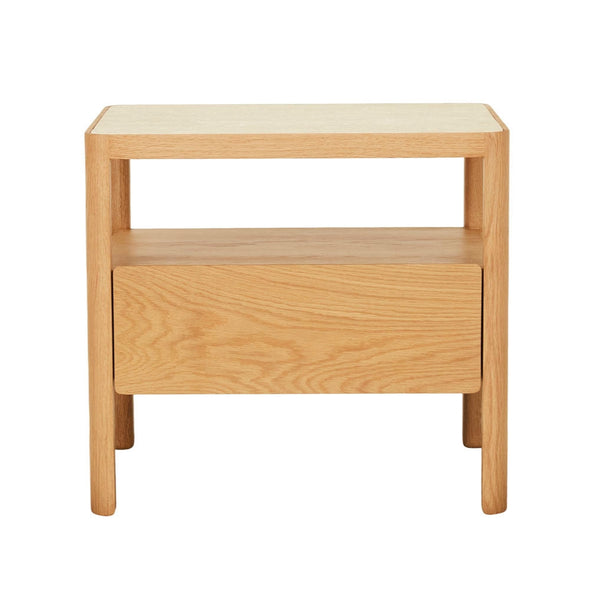 Theo Nightstand, Light Oak with Travertine Top, 23.6"W