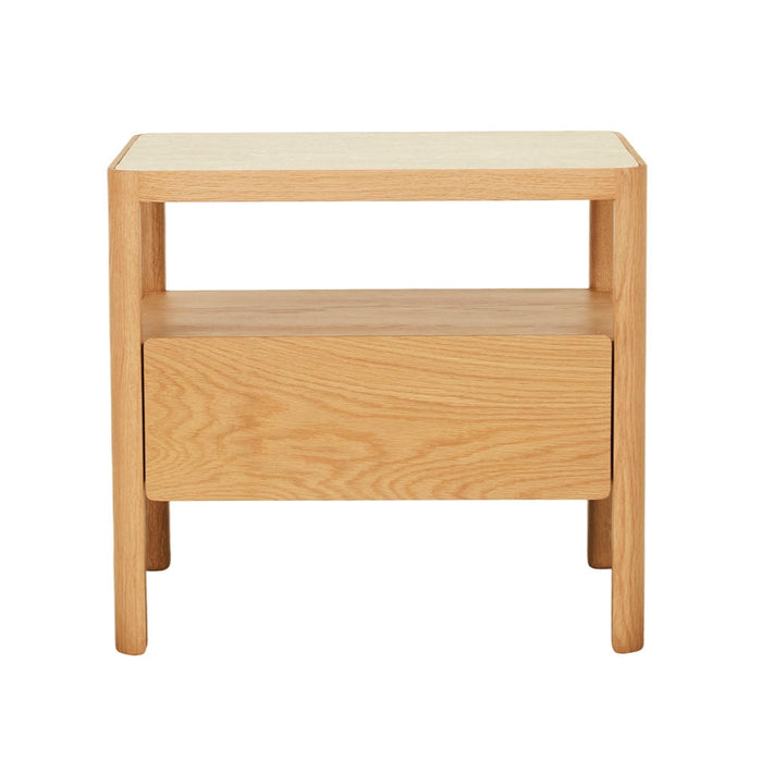 Theo Nightstand, Light Oak with Travertine Top, 23.6"W