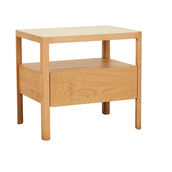 Theo Nightstand, Light Oak with Travertine Top, 23.6"W