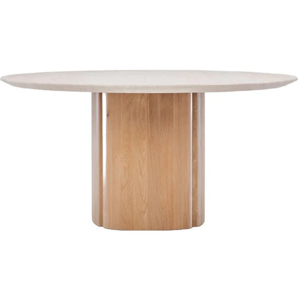 Tathra Round Dining Table, Light Oak with Travertine Top, 61"Dia