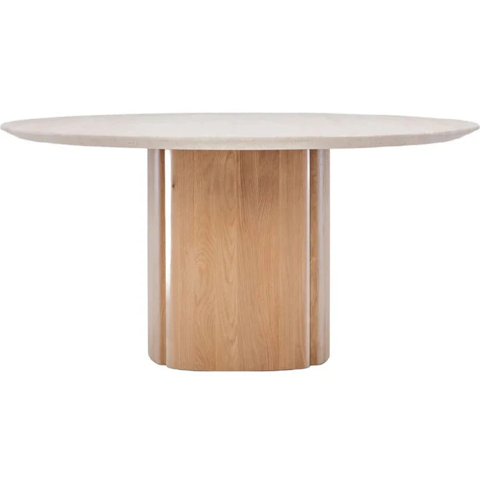 Tathra Round Dining Table, Light Oak with Travertine Top, 61"Dia
