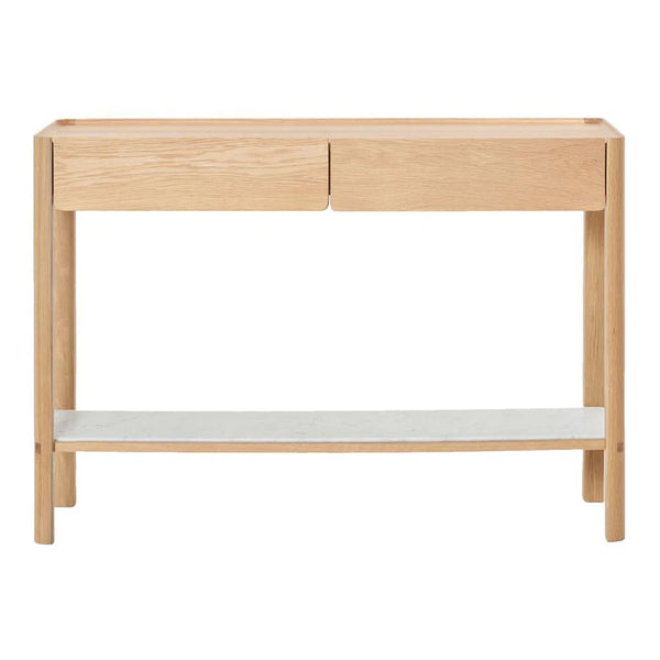 Nell Console Table, Light Oak with Marble Shelf, 47.25" W × 13.75" D × 29.5" H