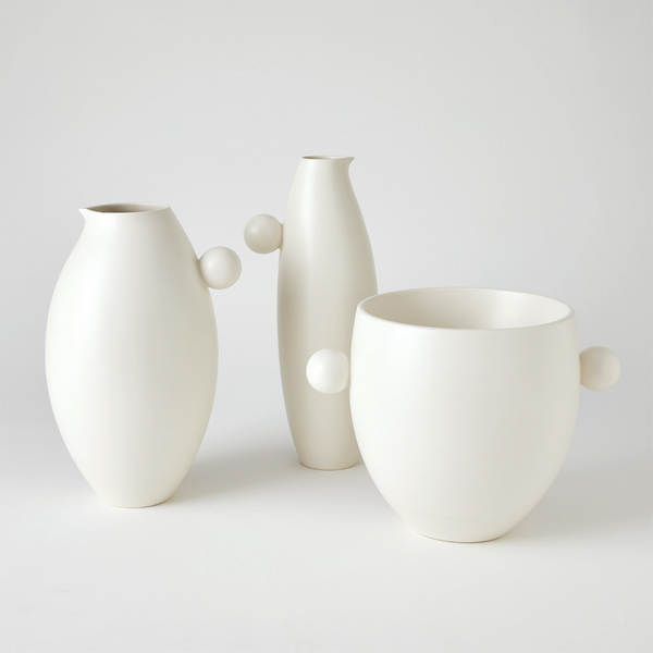 Ceramic Ball Handled Vase/ Ice Bucket & Pitchers, 3 Styles, White Glaze