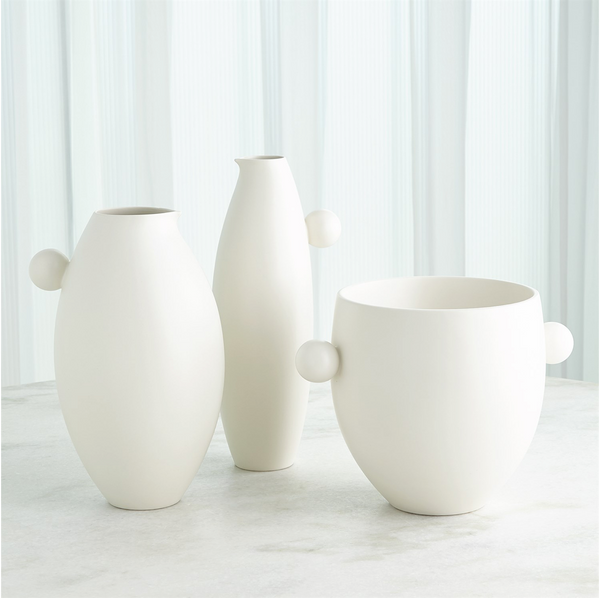 Ceramic Ball Handled Vase/ Ice Bucket & Pitchers, 3 Styles, White Glaze