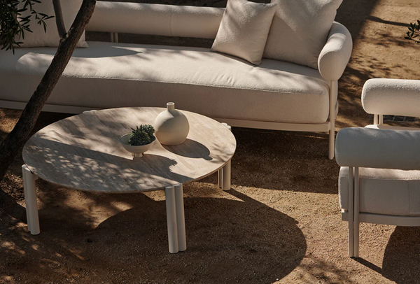 Cove Round Coffee Table, Aluminum Bone/Travertine Natural