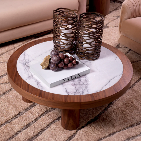 Presedio Coffee Table - Walnut Veneer/Bianco Lilac Marble, 39.37"Dia