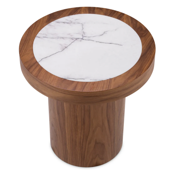 Presedio Side Table - Walnut Veneer/Bianco Lilac Marble, 19.69"Dia