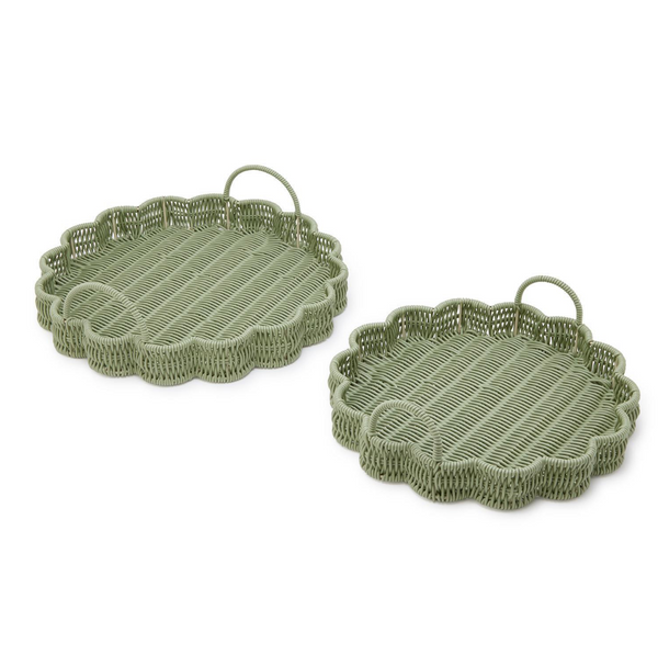 All Weather Wicker Scalloped Edge Green Round Serving Tray, 2 Sizes, Sold Separately