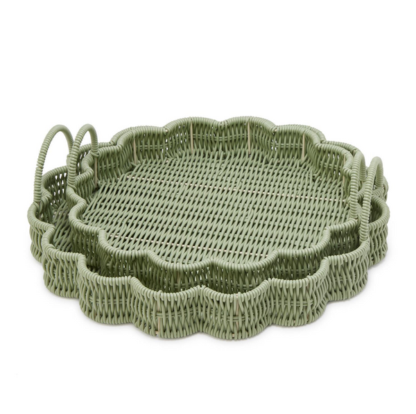All Weather Wicker Scalloped Edge Green Round Serving Tray, 2 Sizes, Sold Separately