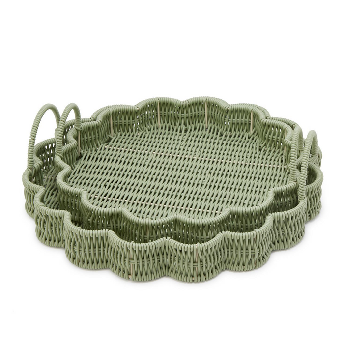 All Weather Wicker Scalloped Edge Green Round Serving Tray, 2 Sizes, Sold Separately