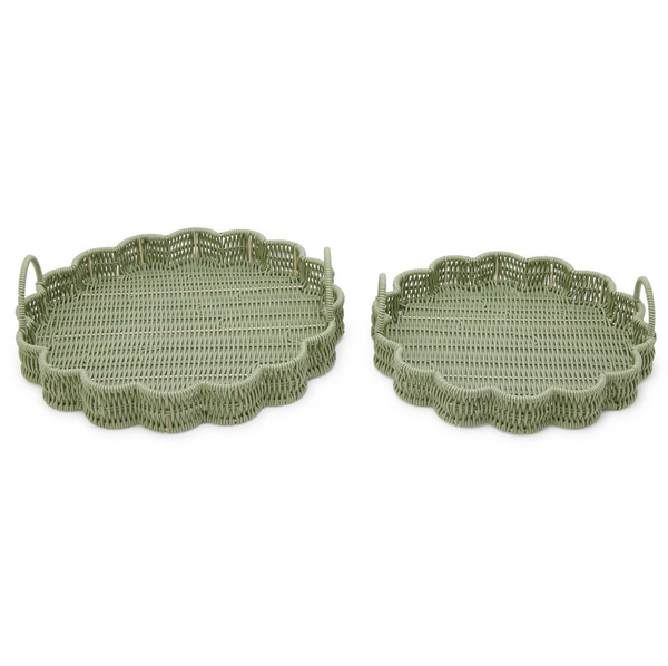 All Weather Wicker Scalloped Edge Green Round Serving Tray, 2 Sizes, Sold Separately