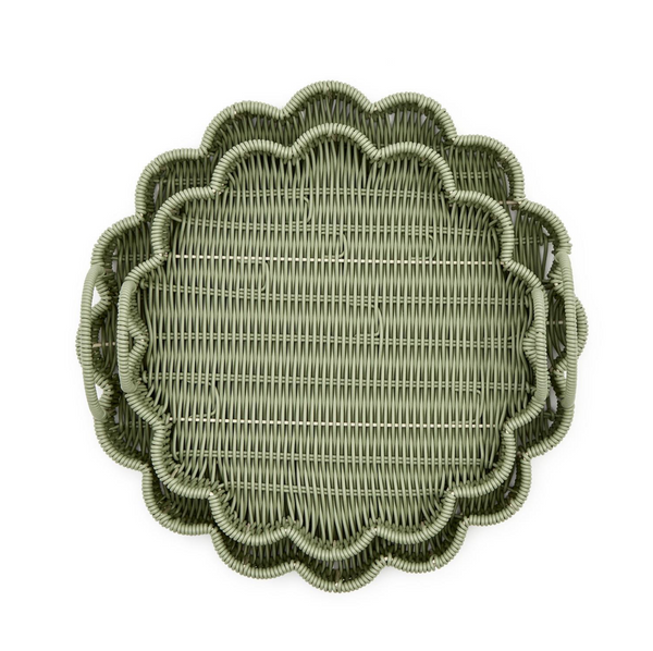 All Weather Wicker Scalloped Edge Green Round Serving Tray, 2 Sizes, Sold Separately