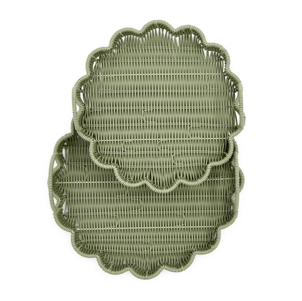 All Weather Wicker Scalloped Edge Green Round Serving Tray, 2 Sizes, Sold Separately