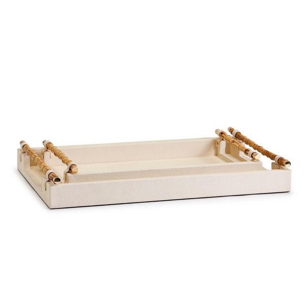 Cream Decorative Rectangle Tray W Bamboo Handles, 2 Sizes, Sold Separately