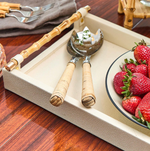 Cream Decorative Rectangle Tray W Bamboo Handles, 2 Sizes, Sold Separately