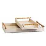 Cream Decorative Rectangle Tray W Bamboo Handles, 2 Sizes, Sold Separately