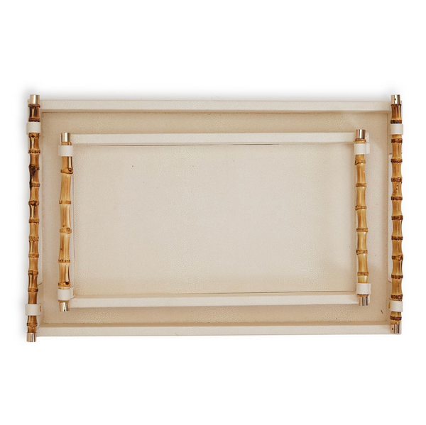 Cream Decorative Rectangle Tray W Bamboo Handles, 2 Sizes, Sold Separately