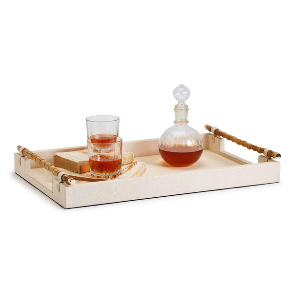 Cream Decorative Rectangle Tray W Bamboo Handles, 2 Sizes, Sold Separately