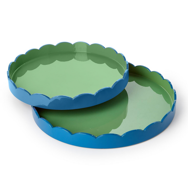 Scalloped Blue and Green Dual Tone Lacquered Trays, 2 Sizes, Sold Separately