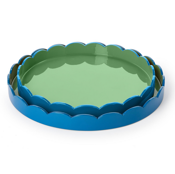 Scalloped Blue and Green Dual Tone Lacquered Trays, 2 Sizes, Sold Separately