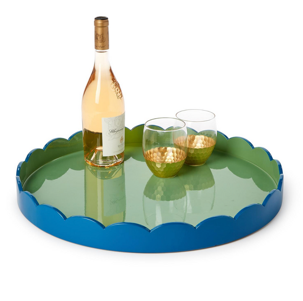 Scalloped Blue and Green Dual Tone Lacquered Trays, 2 Sizes, Sold Separately