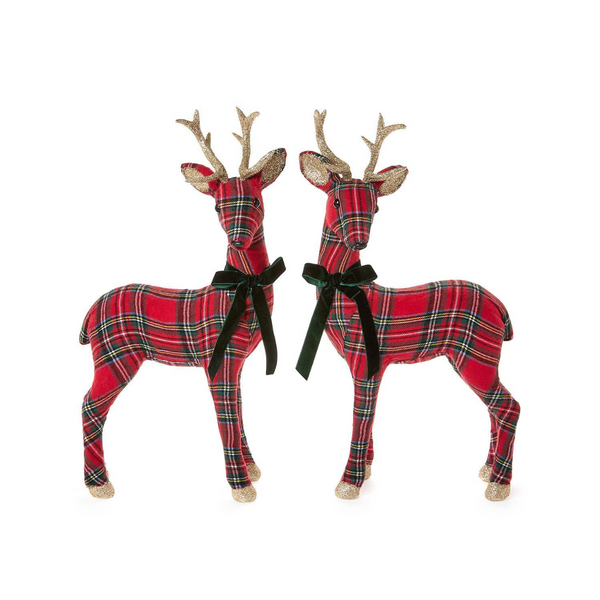 Holiday Tartan Deer with Velvet Bow and Glitter Accents