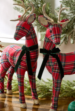 Holiday Tartan Deer with Velvet Bow and Glitter Accents