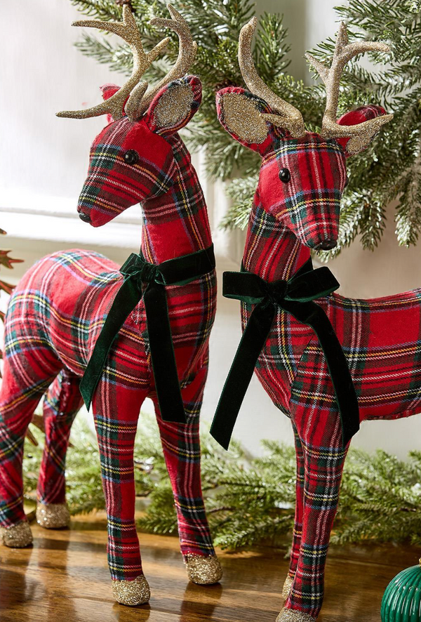 Holiday Tartan Deer with Velvet Bow and Glitter Accents