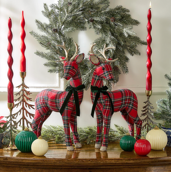 Holiday Tartan Deer with Velvet Bow and Glitter Accents