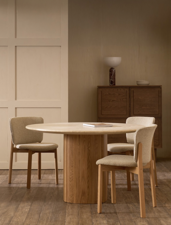 Tathra Round Dining Table, Light Oak with Travertine Top, 61"Dia