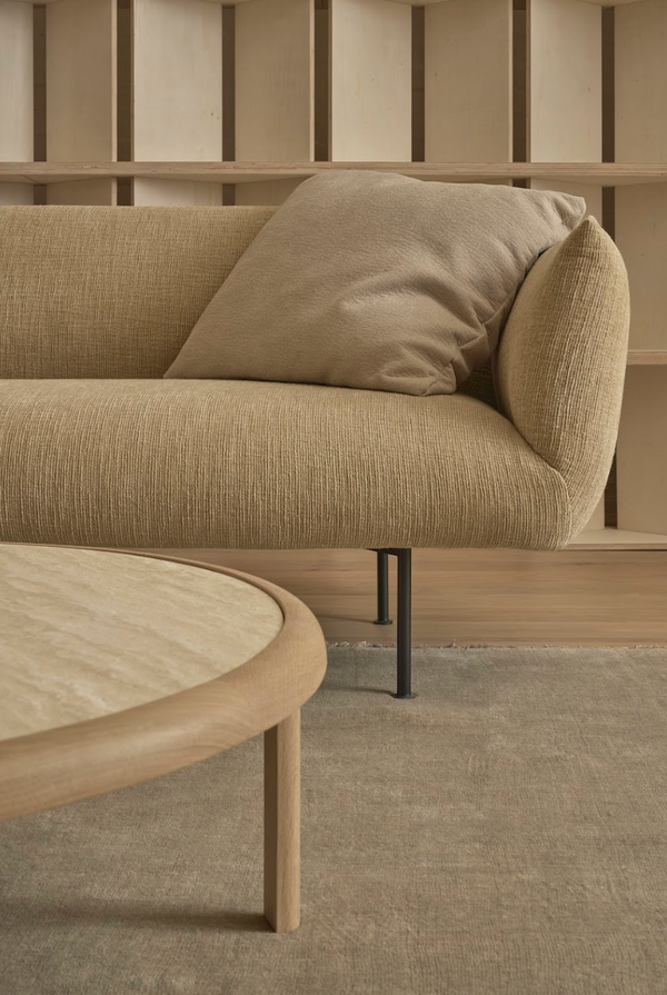 Meld Coffee Table, Light Oak with Travertine Top, 35.4"Dia x 14.2"H