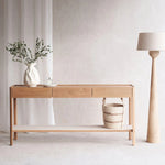 Nell Console Table, Light Oak with Travertine Shelf, 63"W × 13.75"D × 29.5"H