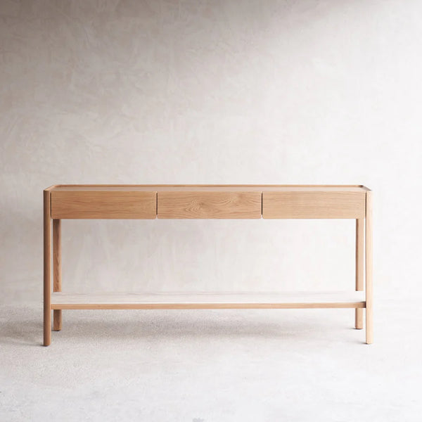 Nell Console Table, Light Oak with Travertine Shelf, 63"W × 13.75"D × 29.5"H