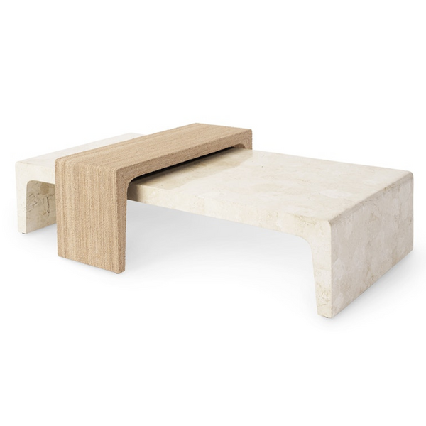 Abbott Stone and Rope Wrapped Nested Coffee Table, 66"L X 41.75"W X 18.25"H