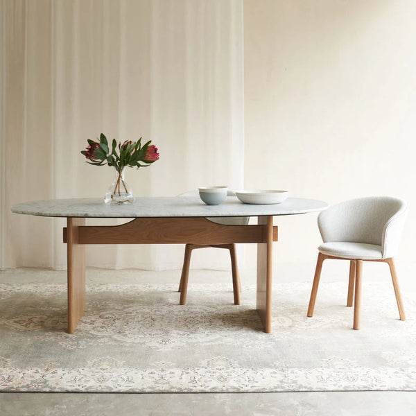Kelly Dining Table, Light Oak with Marble Top, 94.49" W x 43.31"D