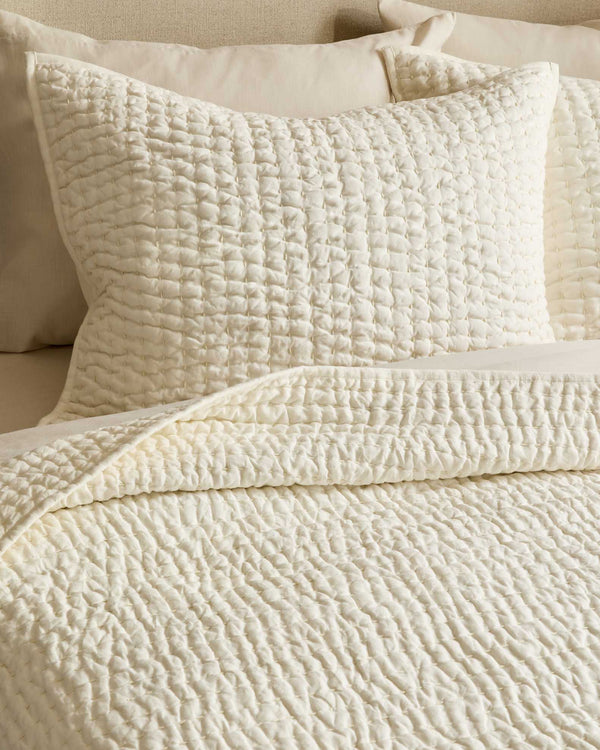 European Linen Cotton Stitch Quilt Collection - Ivory, 2 Sizes