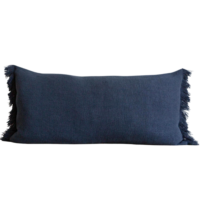 Denim Blue Belgian Linen Fringe Pillow (Lumbar) 16" X 32"