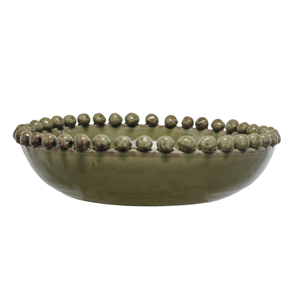 Terra-Cotta Bowl w/Hobnail Edge - Green Glaze, 16.5"Dia