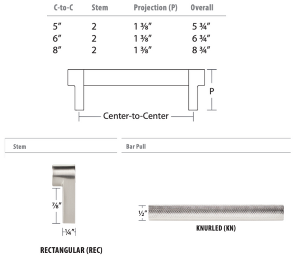 Cabinet Rectangular Stem Knurled Bar Cabinet Pull, Satin Brass, Sold Individually