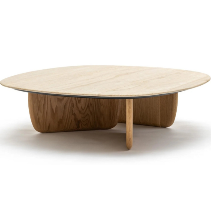 Eden Coffee Table, Light Oak, Travertine, 47.2" Dia